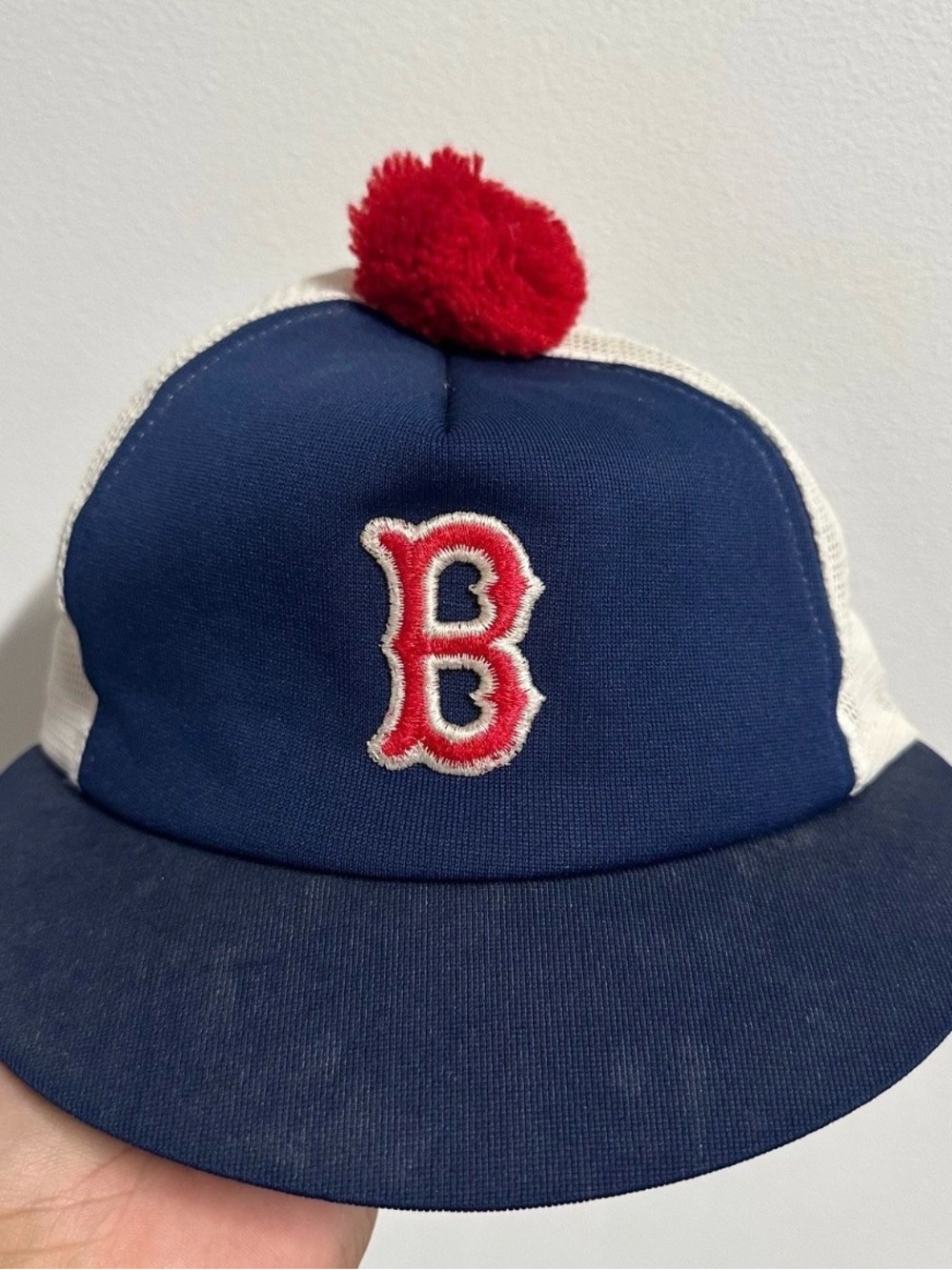 Vintage Boston Red Sox Trucker Hat Short Bill Snapback Pom Top 80s MLB Baseball